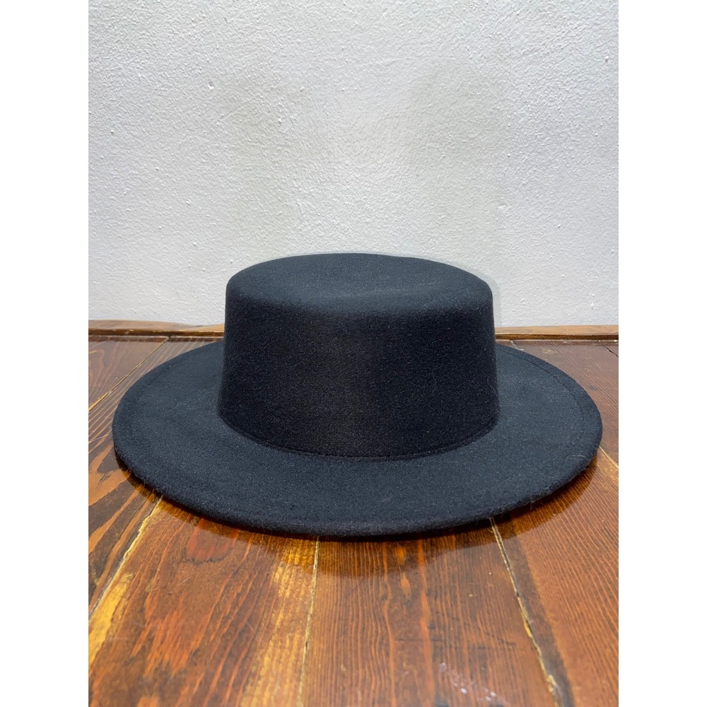 Mens Black Flat Brim Boater Hat Wide Brim Felt Telescope Crown Fedora Halloween
